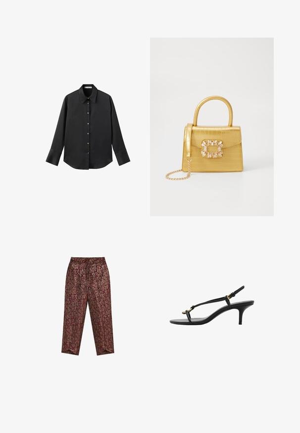 Black long-sleeve shirt in smooth fabric, featuring a classic collar, front button closure with gold-tone buttons, and wide cuffs.; High-waisted tapered pants with burgundy and metallic gold leopard print pattern and pleated front design.; Black leather kitten heel sandal with thin straps, gold buckle, and minimalist toe loop on a white background.; Yellow faux-crocodile handbag with a structured design, top handle, detachable chain strap, and decorative crystal embellishment on the clasp.