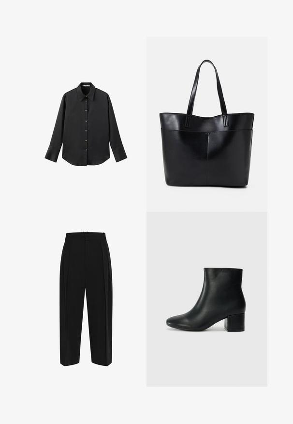 Cămașă neagră cu mâneci lungi dintr-un material neted, având un guler clasic, închidere frontală cu butoane aurii și manșete late.; Pantaloni negri cu talie înaltă, față pliată și croială dreaptă. Fabricati dintr-un material neted, cu o finisare curată și fără accesorii vizibile.; Cizme negre din piele până la gleznă, cu vârf ascuțit și toc robust. Textură netedă, cu accente minime și un design elegant, ajustat.; Geantă oversized din piele neagră, cu două mânere lungi, de textură netedă și formă structurată. Are un buzunar frontal pentru stocare suplimentară.