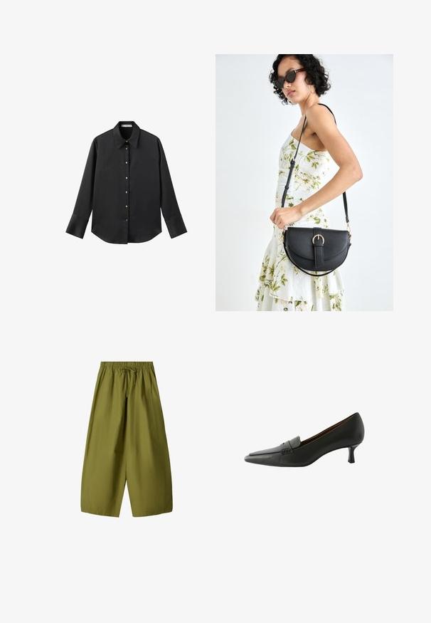 Crna košulja dugih rukava od glatkog materijala, s klasičnim ovratnikom, prednjim kopčanjem na dugmad u boji zlatne i širokim manžetnama.; Maslinasto zelene hlače širokog kroja s elastičnim pojasom i vezicom. Izrađene od lagane tkanine, s dva bočna džepa.; Crna kožna cipele s potpeticom, s šiljastim prstom i dekorativnom trakom. Ima nisku štiklu i glatku teksturu.; Crna kožna torba s lukovitim oblikom, odvojivim remenom i zlatnim detaljima. Torba ima preklop s kopčom.