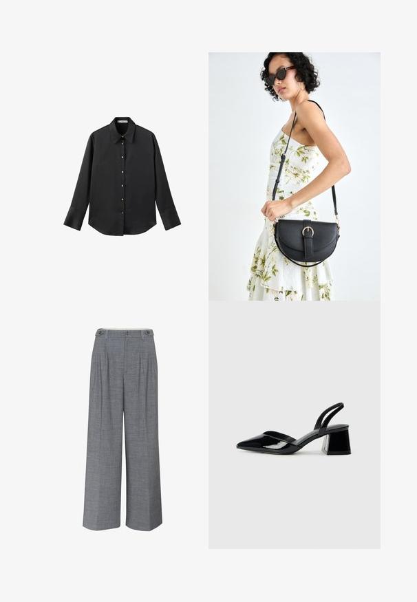 Crna košulja dugih rukava od glatkog materijala, s klasičnim ovratnikom, prednjim kopčanjem na dugmad u boji zlatne i širokim manžetnama.; Sive široke hlače izrađene od teksturirane tkanine, s dvostrukim dugmetom i prednjim plisiranim detaljima za dodatni dizajn.; Crne lakirane kožne sandale s otvorenom petom i špicastim vrhom, s geometrijskom blok petom. Imaju elegantan, minimalistički dizajn i glatku teksturu.; Crna kožna torba s lukovitim oblikom, odvojivim remenom i zlatnim detaljima. Torba ima preklop s kopčom.