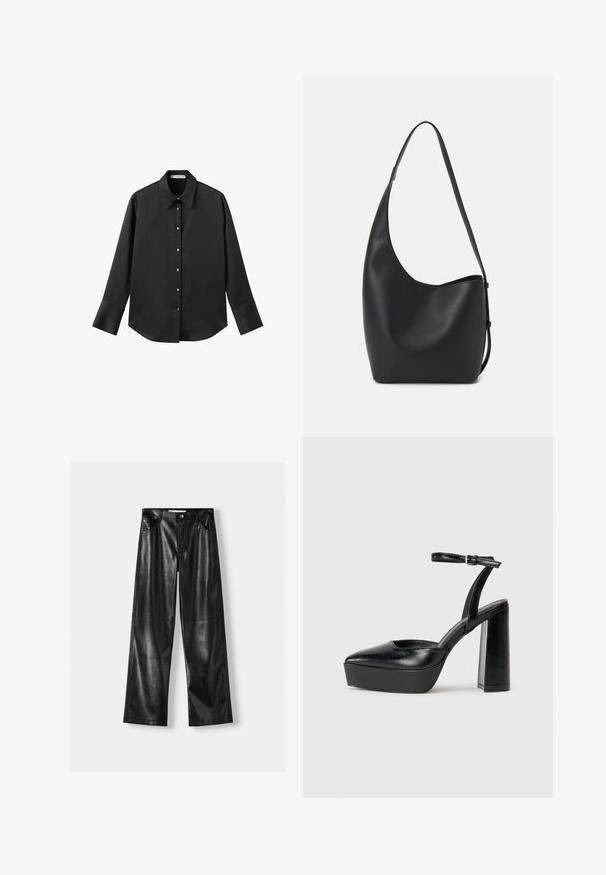 Crna košulja dugih rukava od glatkog materijala, s klasičnim ovratnikom, prednjim kopčanjem na dugmad u boji zlatne i širokim manžetnama.; Crne kožne hlače širokih nogavica s sjajnom teksturom, koje imaju dva prednja džepa, zatvaranje na gumba i vidljive šavove.; Crne platforme s potpeticom s oštrim vrhom i podešivom naramenicom. Izrađene od glatke kože, s masivnom blok petom.; Crna kožna hobo torba s glatkom teksturom, zakrivljenim oblikom i jednom podesivom trakicom; ima širok otvor na vrhu.