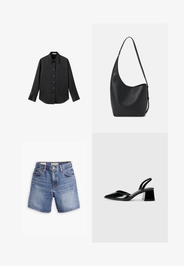 Czarna koszula z długim rękawem z gładkiego materiału, z klasycznym kołnierzykiem, zapięciem na guziki z przodu w złotym odcieniu oraz szerokimi mankietami.; Szorty dżinsowe w średnim niebieskim kolorze, z klasycznym pięciopocketowym designem, z zapięciem na guzik i prostym krojem nogawek. Delikatne wyblaknięcia na całej powierzchni.; Czarne lakierowane półbuty na obcasie z wydłużonym noskiem i geometrycznym słupkiem. Charakteryzują się eleganckim, minimalistycznym designem oraz gładką fakturą.; Czarna skórzana torba hobo o gładkiej fakturze, zaokrąglonym kształcie i pojedynczym, regulowanym pasku; posiada szerokie otwarcie na górze.
