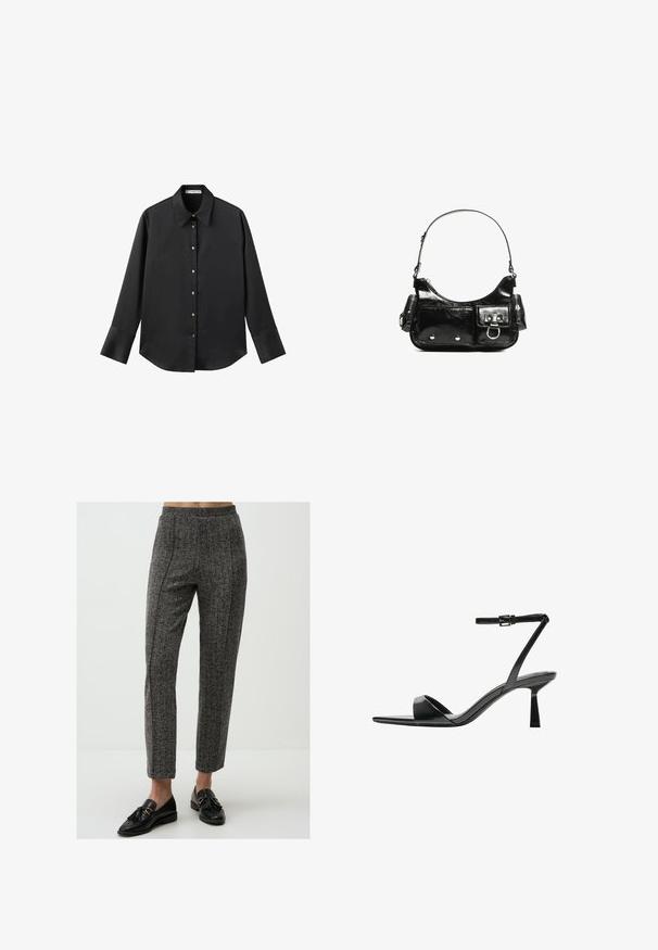 Chemise noire à manches longues en tissu lisse, dotée d'un col classique, d'une fermeture à boutons sur le devant avec des boutons dorés, et de larges poignets.; Pantalon gris à motifs avec une texture lisse, doté d'une taille haute et d'une coupe droite, associé à des mocassins noirs.; Bershka Sandales à talons hauts - black; Sac à main en cuir verni noir avec une forme incurvée, une bandoulière, des poches avant et des accents en métal argenté.