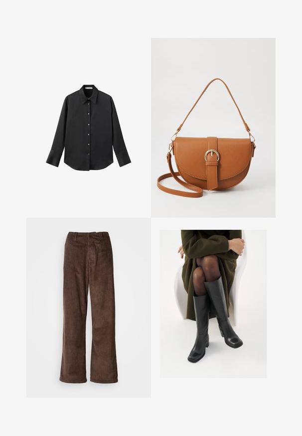 Crna košulja dugih rukava od glatkog materijala, s klasičnim ovratnikom, prednjim kopčanjem na dugmad u boji zlatne i širokim manžetnama.; Smeđe kadijske hlače širokog kroja, s vertikalnim rebrima i pojasom. Tkanina ima mekan i teksturiran izgled.; Čizme od crne kože do koljena sa četvrtastim vrhom i blok petom, prikazane s manekenkom koja sjedi u maslinasto zelenom kaputu. Glatka tekstura, minimalni detalji.; Smeđa kožna torba preko tijela s zakrivljenim oblikom, zlatnim metalnim detaljima i naglaskom na kopču. Ima odvojivu naramenicu.