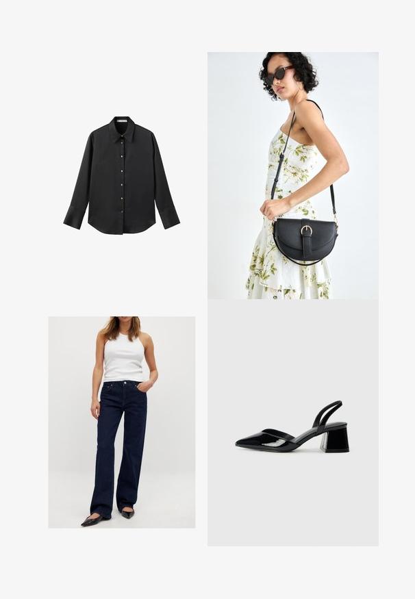 Črna majica z dolgimi rokavi iz gladkega materiala, z klasičnim ovratnikom, sprednjim zapiranjem na gumbe z zlatimi gumbi in širokimi manšetami.; Temno modri široki jeans iz denima, z značilnim pet-pocket dizajnom in kovinskim gumbom za zapiranje. Nosijo se z belim topom brez rokavov.; Črne lakirane slingback pete s koničastim nosom in geometrijsko blokasto peto. Imajo eleganten, minimalističen dizajn in gladko teksturo.; Črna usnjena torbica s ukrivljeno obliko, z odstranljivo naramnico in zlatimi dodatki. Torbica ima pokrov s podrobnostmi v obliki zaponke.