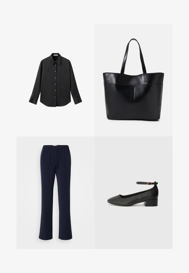 Black long-sleeve shirt in smooth fabric, featuring a classic collar, front button closure with gold-tone buttons, and wide cuffs.; Navy blue, straight-leg pants made from stretchy fabric with an elastic waistband and two front pockets. Smooth texture, no visible patterns.; Black leather pump with a pointed toe and a low block heel. Features an ankle strap with a gold-tone buckle. Smooth texture.; Black leather tote bag with two long handles, a smooth texture, and a structured shape. Features a front pocket for additional storage.