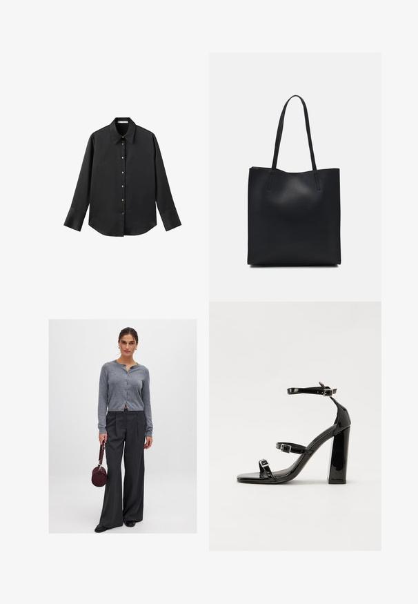 Čierna dlhá rukávová košeľa z hladkého materiálu, s klasickým golierom, predným zapínaním na gombíky so zlatými gombíkmi a širokými manžetami.; Sivý kardigán s gombíkmi a ryhkovanou textúrou, skombinovaný s vysokými pruhovanými nohavicami s širokými nohavicami. Model drží okrúhlu bordovú tašku.; Čierne lakované sandále na podpätku so štvorcovou špičkou, navlečenými remienkami okolo členku a striebornými prackami. Disponujú masívnym blokovým podpätkom pre stabilitu.; Čierna kožená taška na rameno s hladkým povrchom, obdĺžnikovým tvarom a dvoma dlhými uchami. Bez viditeľného kovania alebo ozdôb.