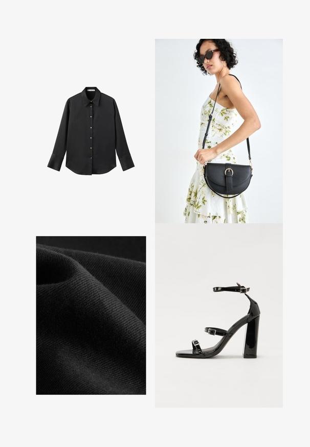 Maglietta nera a maniche lunghe in tessuto morbido, con colletto classico, chiusura frontale con bottoni dorati e polsini ampi.; Tessuto nero con una texture liscia e una sottile lucentezza, caratterizzato da un motivo a trama diagonale e una caduta morbida e flessibile.; Sandali con tacco alto in vernice nera con due cinturini con fibbia, punta quadrata e tacco spesso a blocco, caratterizzati da una texture liscia e lucida.; Borsa a tracolla nera in pelle con una forma curva, manico rimovibile e accessori dorati. La borsa presenta una patta con un dettaglio a fibbia.