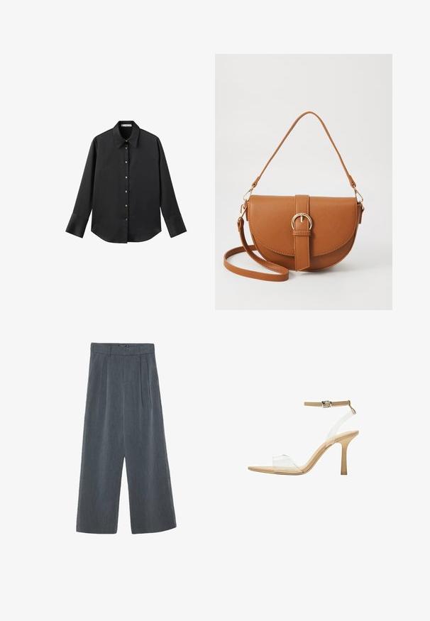 Svart långärmad skjorta i mjukt tyg, med klassisk krage, framknäppning med knappar i guldton och breda manschetter.; Breda byxor i mörkgrått, med en texturerad tyg, plisserad front och hög midja med en slät midjeband.; Klart häl sandal med en transparent ovandel, beige fotbädd och en smal ankelrem. Har en spetsig tå och en tunn hög klack.; Brun läder crossbody-väska med en böjd form, gyllene detaljer och en spänneaccent. Har en avtagbar axelrem.
