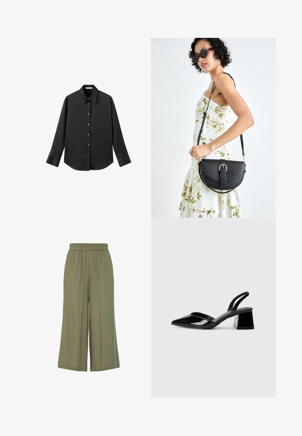 Zwarte lange mouwen shirt van gladde stof, met een klassieke kraag, een sluiting met knopen aan de voorkant met gouden knopen en brede manchetten.; Groene wijde broek gemaakt van lichte stof, met een elastische tailleband en geplooid ontwerp, geschikt voor casual draag.; Zwarte gepatineerde leren slingback hakken met een spitse neus en een geometrische blokhak. Kenmerkt zich door een slank, minimalistisch ontwerp en een gladde textuur.; Zwarte leren handtas met een gebogen vorm, afneembare schouderband en gouden hardware. De tas heeft een klep met een gespsluiting.