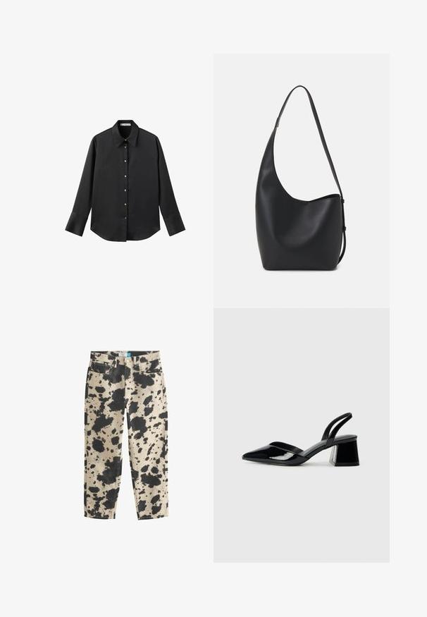 Zwarte lange mouwen shirt van gladde stof, met een klassieke kraag, een sluiting met knopen aan de voorkant met gouden knopen en brede manchetten.; Beige katoenen spijkerbroek met een zwart spetterpatroon, voorzien van rechte pijpen, vijf zakken en metalen hardware. Schone randen aan de broekspijpen.; Zwarte gepatineerde leren slingback hakken met een spitse neus en een geometrische blokhak. Kenmerkt zich door een slank, minimalistisch ontwerp en een gladde textuur.; Zwarte leren hobo tas met een gladde textuur, kromme vorm en een enkele verstelbare schouderband; heeft een brede opening aan de bovenkant.