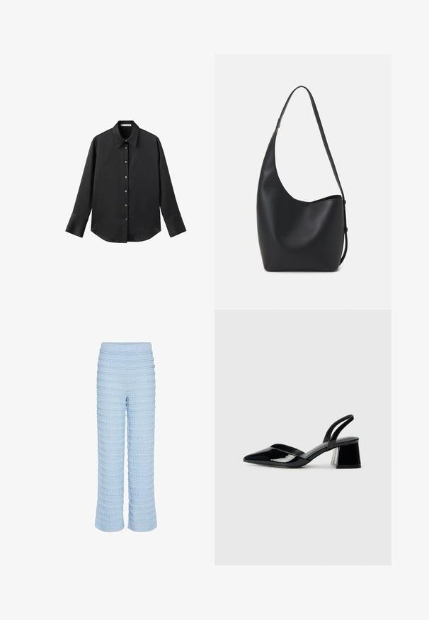 Zwarte lange mouwen shirt van gladde stof, met een klassieke kraag, een sluiting met knopen aan de voorkant met gouden knopen en brede manchetten.; Lichtblauwe textuurbroek met een horizontaal streepjespatroon, elastische tailleband en een losse pasvorm met rechte benen. Gemaakt van zachte stof.; Zwarte gepatineerde leren slingback hakken met een spitse neus en een geometrische blokhak. Kenmerkt zich door een slank, minimalistisch ontwerp en een gladde textuur.; Zwarte leren hobo tas met een gladde textuur, kromme vorm en een enkele verstelbare schouderband; heeft een brede opening aan de bovenkant.