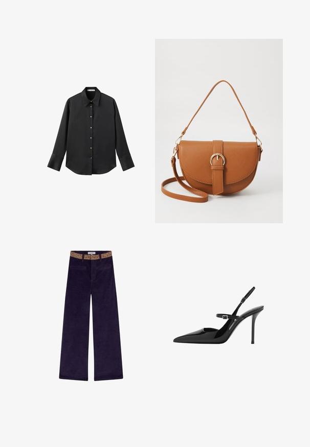 Black long-sleeve shirt in smooth fabric, featuring a classic collar, front button closure with gold-tone buttons, and wide cuffs.; Wide-leg corduroy pants in deep purple with a patterned waistband, featuring front pockets and orange stitching accents.; Black patent leather slingback high heels with a pointed toe, adjustable strap, and stiletto heel. Smooth surface with shiny finish.; Brown leather crossbody bag with a curved shape, gold hardware, and a buckle accent. Features a detachable shoulder strap.