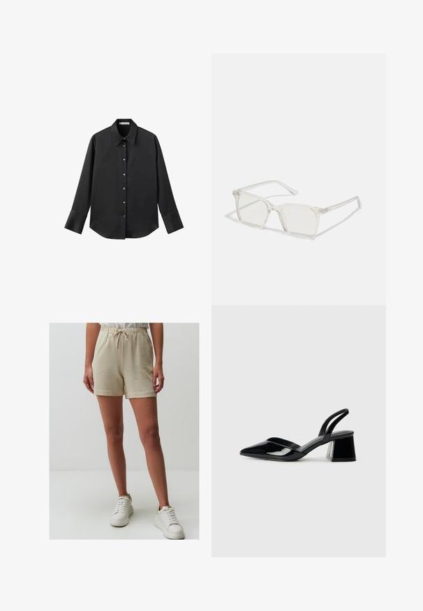 Zwarte lange mouwen shirt van gladde stof, met een klassieke kraag, een sluiting met knopen aan de voorkant met gouden knopen en brede manchetten.; Beige shorts gemaakt van een lichtgewicht stof met een elastische tailleband en drawstring. Gecombineerd met witte sneakers op een neutrale achtergrond.; Zwarte gepatineerde leren slingback hakken met een spitse neus en een geometrische blokhak. Kenmerkt zich door een slank, minimalistisch ontwerp en een gladde textuur.; Heldere plastic vierkante monturen met doorzichtige glazen, gekenmerkt door gouden accenten op de slapen voor extra detail.; Zwarte leren handtas met een gebogen vorm, afneembare schouderband en gouden hardware. De tas heeft een klep met een gespsluiting.