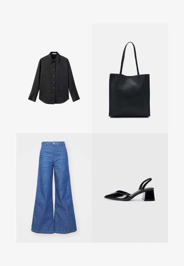 Zwarte lange mouwen shirt van gladde stof, met een klassieke kraag, een sluiting met knopen aan de voorkant met gouden knopen en brede manchetten.; Denim wijdvallende jeans in middelblauw met een hoge taille, voorzien van een knoopsluiting, twee voorzakken en een soepele textuur.; Zwarte gepatineerde leren slingback hakken met een spitse neus en een geometrische blokhak. Kenmerkt zich door een slank, minimalistisch ontwerp en een gladde textuur.; Zwarte leren handtas met een gladde textuur, rechthoekige vorm en twee lange handvaten. Geen zichtbare hardware of versieringen.