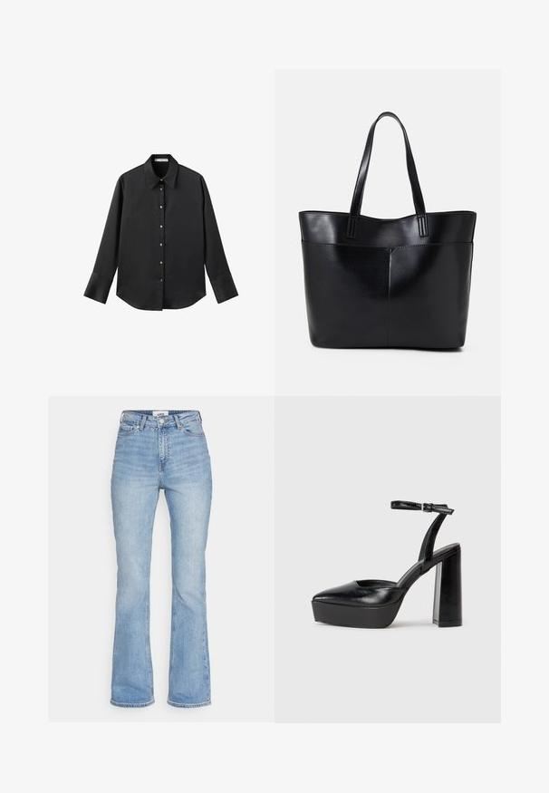 Černá dlouhá rukávová košile z hladkého materiálu, s klasickým límečkem, předním zapínáním na knoflíky ve zlatém tónu a širokými manžetami.; Světle modré riflové kalhoty s rozšířenými nohavicemi a vysokým pasem, s klasickým designem pěti kapes a viditelným švem na švech.; Černé platformové podpatky s špičatou špičkou a nastavitelným kotníkovým popruhem. Vyrobeny z hladké kůže, s masivním blokovým podpatkem.; Černá kožená taška s dlouhými ušima, hladkým povrchem a strukturovaným tvarem. Obsahuje přední kapsu pro další úložný prostor.