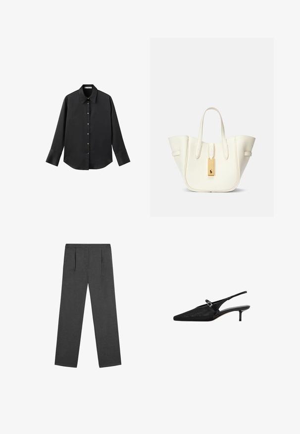Schwarz langärmliges Hemd aus glattem Stoff, mit klassischem Kragen, frontaler Knopfleiste mit goldfarbenen Knöpfen und breiten Manschetten.; Graue taillierte Hosen mit geradem Bein, zwei vorderen Falten, einem Knopfverschluss und einem glatten, strukturierten Stoff.; Schwarze Slingback-Absätze mit spitzen Zehen, strukturiertem Mesh-Obermaterial, schmalem verstellbarem Riemen mit silberner Schnalle und 5 cm Stiletto-Absätzen.; Weißer Leder-Umhängetasche mit strukturierter Form, auffälliger Naht, goldfarbener Hardware-Tag und doppelten Griffen. Texturierte Oberfläche mit Seitentaschen.