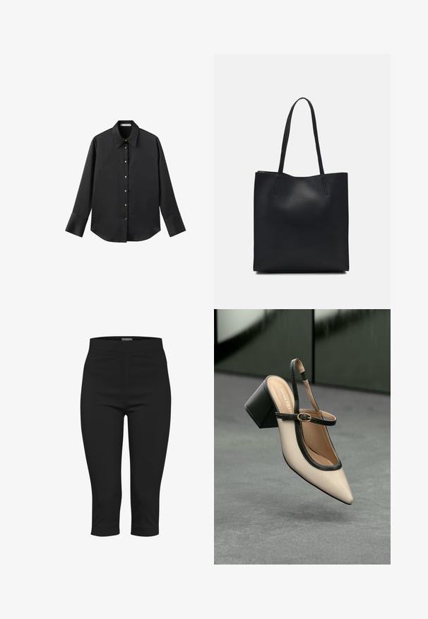 Black long-sleeve shirt in smooth fabric, featuring a classic collar, front button closure with gold-tone buttons, and wide cuffs.; Black capri pants made of stretchable fabric. Features a fitted waistband, side pockets, and a cropped length with a smooth texture.; Beige high-heeled slingback shoe with pointed toe, black trim, and buckle detail. Smooth material with a matte finish, medium block heel.; Black leather tote bag with smooth texture, rectangular shape, and two long handles. No visible hardware or embellishments.