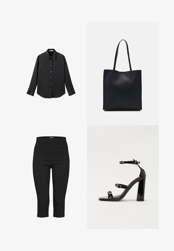 Chemise noire à manches longues en tissu lisse, dotée d'un col classique, d'une fermeture à boutons sur le devant avec des boutons dorés, et de larges poignets.; Pantalons capri noirs en tissu extensible. Dotés d'une taille ajustée, de poches latérales et d'une longueur cropped avec une texture lisse.; Sandales à talons hauts en cuir verni noir avec deux brides à boucles, bout carré et talon bloc épais, présentant une texture lisse et brillante.; Sac fourre-tout en cuir noir avec une texture lisse, de forme rectangulaire et deux longues poignées. Pas de matériel ou d'ornementations visibles.
