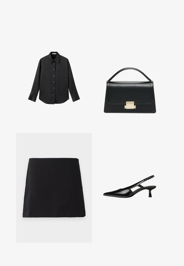 Črna majica z dolgimi rokavi iz gladkega materiala, z klasičnim ovratnikom, sprednjim zapiranjem na gumbe z zlatimi gumbi in širokimi manšetami.; Črna mini krila ravnega kroja z gladko teksturo, prikazana na belem ozadju.; Črne patentični usnjeni salonarji s slingback designom, z zašiljenim nosom, izrezanim stranskim dizajnom in majhnim kvadratnim peto. Gladka tekstura z minimalnimi detajli.; Črna usnjena torbica z strukturiranim dizajnom, zgornjim ročajem in zlate kovinske sponke na sprednji strani. Gladka tekstura, minimalno šivanje.