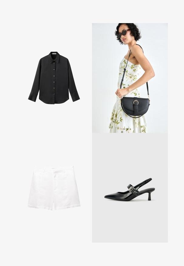 Sort langærmet skjorte i glat stof, med klassisk krave, frontlukning med guldtonede knapper og brede manchetter.; Hvide bomulds shorts med skræddersyet snit, der har forlommer, lynlåsåbning og flad talje. Glat tekstur, ingen synlige mønstre.; Sorte laker slingback hæle med spids tå og en lille blokhæl, med en sølvspændeaccent på remmen.; Sort læderhåndtaske med en buet form, aftagelig rem og guldfinish. Tasken har en klap med en spænde detalje.