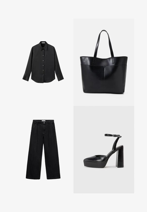 Black long-sleeve shirt in smooth fabric, featuring a classic collar, front button closure with gold-tone buttons, and wide cuffs.; Black wide-leg jeans made from denim, featuring a high waist, front pockets, and a button closure. The texture is smooth with minimal detailing.; Black platform heels with a pointed toe and adjustable ankle strap. Constructed from smooth leather, featuring a chunky block heel.; Black leather tote bag with two long handles, a smooth texture, and a structured shape. Features a front pocket for additional storage.