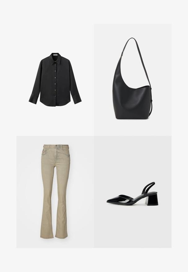 Black long-sleeve shirt in smooth fabric, featuring a classic collar, front button closure with gold-tone buttons, and wide cuffs.; Light beige flared jeans with a high waist design, made from denim. Features subtle stitching, five pockets, and metal button closure.; Black patent leather slingback heels with a pointed toe and a geometric block heel. Features a sleek, minimal design and smooth texture.; Black leather hobo bag with a smooth texture, curved shape, and single adjustable strap; features a wide opening at the top.
