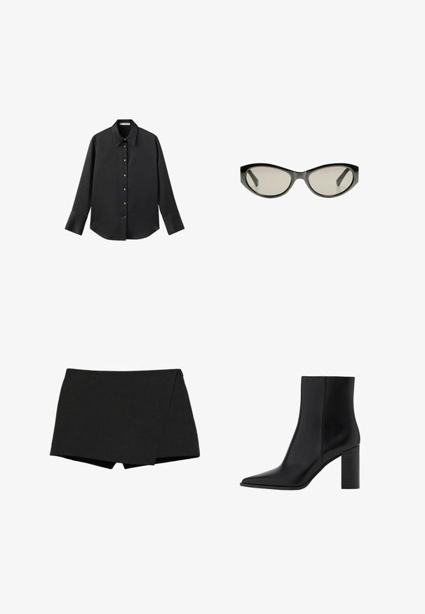 Schwarz langärmliges Hemd aus glattem Stoff, mit klassischem Kragen, frontaler Knopfleiste mit goldfarbenen Knöpfen und breiten Manschetten.; Schwarze, leichte Shorts mit Wickeldesign. Sie verfügen über eine glatte Textur und saubere Kanten. Gerade Säume und keine sichtbaren Verschlüsse.; Schwarze Leder-Ankle Boots mit spitzem Zehenbereich, quadratischem Absatz, glatter Textur und Nähten entlang der Nähte. Die Absätze messen ungefähr 8,9 cm.; Schwarze Cat-Eye-Sonnenbrille mit grau getönten Gläsern. Der Kunststoffrahmen hat scharfe Kanten und eine glatte, glänzende Oberfläche.; Graue Lederhandtasche mit doppelten Griffen, einem abnehmbaren Gurt, glatter Textur und einem metallischen Verschluss an der Vorderseite. Runde Form und minimalistisches Design.