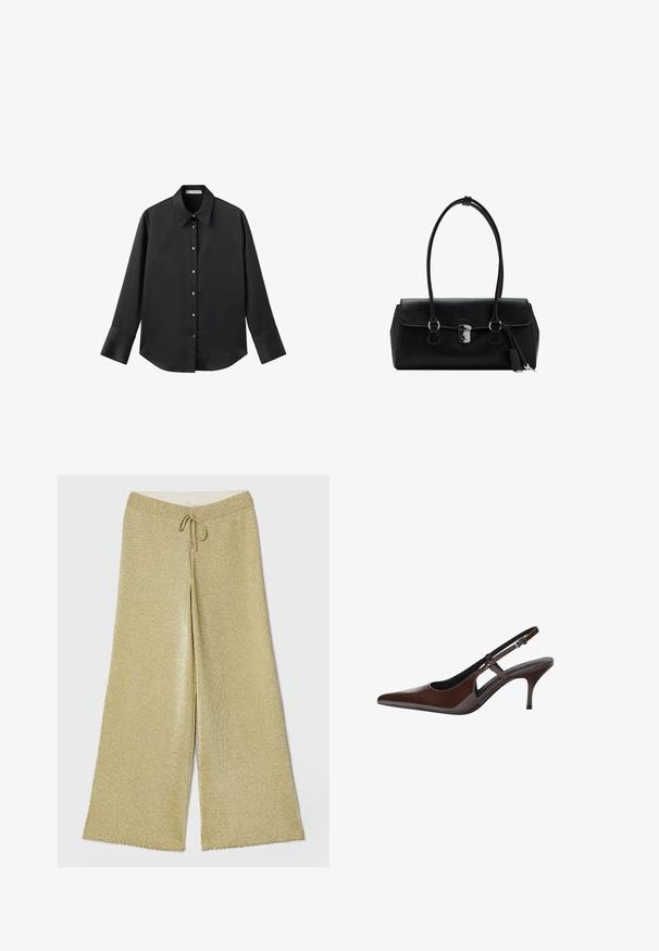 Črna majica z dolgimi rokavi iz gladkega materiala, z klasičnim ovratnikom, sprednjim zapiranjem na gumbe z zlatimi gumbi in širokimi manšetami.; Zlate metalik široke hlače z elastičnim pasom in vrvico. Imajo mehak teksturo in valovit rob.; Rjave čevlje iz patentirane usnje s slingback obliko in špicastim nosom, odprtimi izrezi in tankim peto. Ima nastavljiv pas s sponko.; Črna usnjena torbica z gladko teksturo, strukturirano zasnovo, dvema ročkama in s srebrnim sponko na sredini.