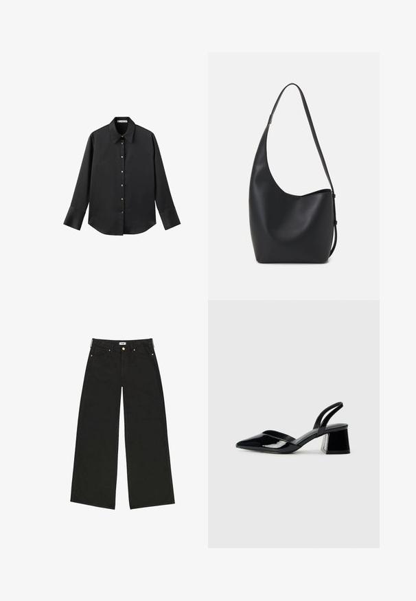 Black long-sleeve shirt in smooth fabric, featuring a classic collar, front button closure with gold-tone buttons, and wide cuffs.; Black wide-leg jeans made from denim, featuring a high waist, front pockets, and contrasting gold-tone hardware. Clean, straight cut.; Black patent leather slingback heels with a pointed toe and a geometric block heel. Features a sleek, minimal design and smooth texture.; Black leather hobo bag with a smooth texture, curved shape, and single adjustable strap; features a wide opening at the top.