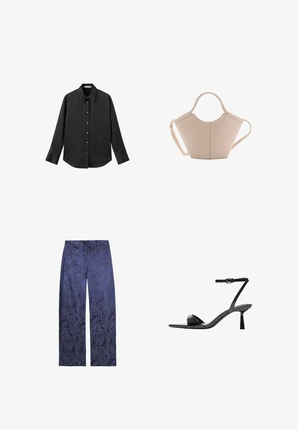 Black long-sleeve shirt in smooth fabric, featuring a classic collar, front button closure with gold-tone buttons, and wide cuffs.; Wide-leg pants in dark blue with a textured, abstract pattern. Features a button closure and front pockets. Soft fabric with a smooth finish.; Bershka High heeled sandals - black; Beige leather handbag with a unique shape, featuring two short handles and a long adjustable strap. Smooth texture with minimal hardware.
