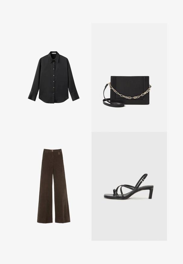 Black long-sleeve shirt in smooth fabric, featuring a classic collar, front button closure with gold-tone buttons, and wide cuffs.; Brown wide-leg corduroy pants with a high waistband, featuring a gold button and a decorative ring detail. Textured, soft fabric with vertical stripes.; Black strappy sandal with a square toe and a low block heel. Features multiple thin straps and an adjustable ankle strap. Made of smooth leather.; Black leather crossbody bag featuring a smooth texture, rectangular shape, and a metallic chain detail on the front. Adjustable strap included.