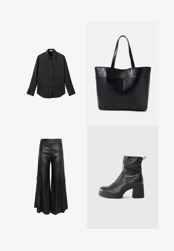 Chemise noire à manches longues en tissu lisse, dotée d'un col classique, d'une fermeture à boutons sur le devant avec des boutons dorés, et de larges poignets.; Pantalons larges noirs en simili cuir, dotés de deux poches latérales, d'une texture lisse et d'une silhouette loose.; Bottes noires à la cheville en cuir lisse, dotées d'une fermeture éclair sur le côté, d'un talon épais texturé et d'une conception à bout rond.; Sac fourre-tout en cuir noir avec deux longues poignées, une texture lisse et une forme structurée. Dispose d'une poche avant pour un rangement supplémentaire.