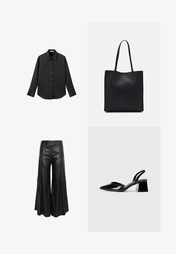 Zwarte lange mouwen shirt van gladde stof, met een klassieke kraag, een sluiting met knopen aan de voorkant met gouden knopen en brede manchetten.; Zwarte wijde leren broek gemaakt van faux leather, met twee zijzakken, een soepele textuur en een losse pasvorm.; Zwarte gepatineerde leren slingback hakken met een spitse neus en een geometrische blokhak. Kenmerkt zich door een slank, minimalistisch ontwerp en een gladde textuur.; Zwarte leren handtas met een gladde textuur, rechthoekige vorm en twee lange handvaten. Geen zichtbare hardware of versieringen.