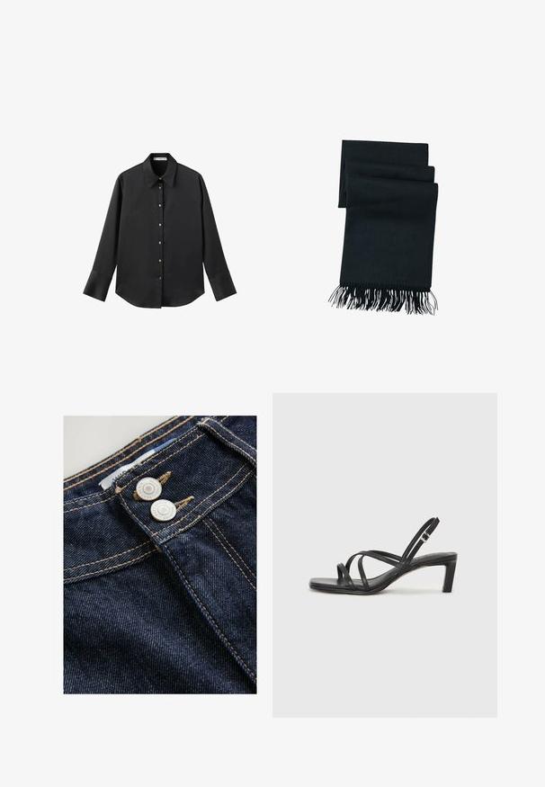 Schwarz langärmliges Hemd aus glattem Stoff, mit klassischem Kragen, frontaler Knopfleiste mit goldfarbenen Knöpfen und breiten Manschetten.; Dunkelblaue Denim-Jeans zeigen eine Nahaufnahme des Bundes mit zwei Metallknöpfen, kontrastierendem goldenen Nähten und einer strukturierten Stoffoberfläche.; Schwarze Sandale mit Riemchen, quadratischer Zehenform und niedrigem Blockabsatz. Verfügt über mehrere dünne Riemen und einen verstellbaren Knöchelriemen. Hergestellt aus glattem Leder.; Schwarzer Schal aus einem weichen Material, mit einer glatten Textur und fransigen Kanten. Er ist in drei Abschnitte gefaltet.