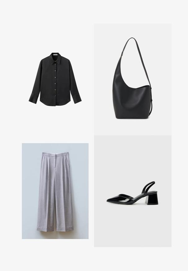 Cămașă neagră cu mâneci lungi dintr-un material neted, având un guler clasic, închidere frontală cu butoane aurii și manșete late.; Pantaloni largi gri realizați dintr-un material texturat, cu pliuri frontale, două buzunare laterale și un tiv drept.; Pantofi cu toc slingback din piele lacuită neagră, cu vârf ascuțit și toc geometric. Prezintă un design elegant, minimalist și o textură netedă.; Geantă hobo din piele neagră, cu o textură netedă, formă curbată și un singur bretele ajustabil; are o deschidere largă în partea de sus.