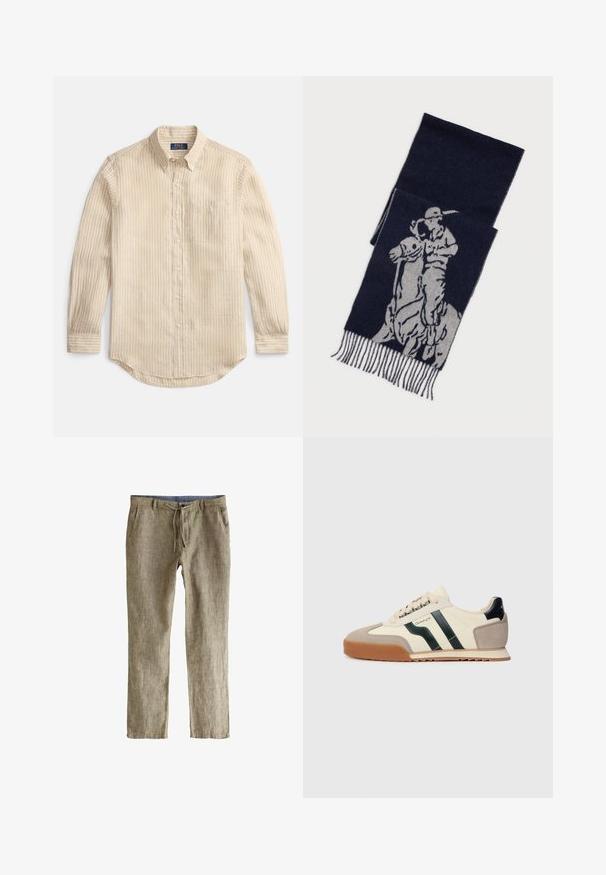 Béžová košile s dlouhými rukávy na knoflíky s bílými svislými pruhy, límcem na knoflíky, kapsou na prsou a štítkem "Polo Ralph Lauren" uvnitř límce.; Kalhoty z lněné směsi, světle hnědé s texturovaným povrchem, s páskem na stažení a bočními kapsami. Lehký a rovný střih.; Tenisky s krémovým plátěným svrškem, tmavě zelenými pruhy, béžovým semišovým špičkou a gumovou podrážkou. Obsahují kulaté tkaničky a námořnickou patu.; Námořnický modrý šátek s šedou grafikou pólisty na koni, s třásněmi na okrajích.