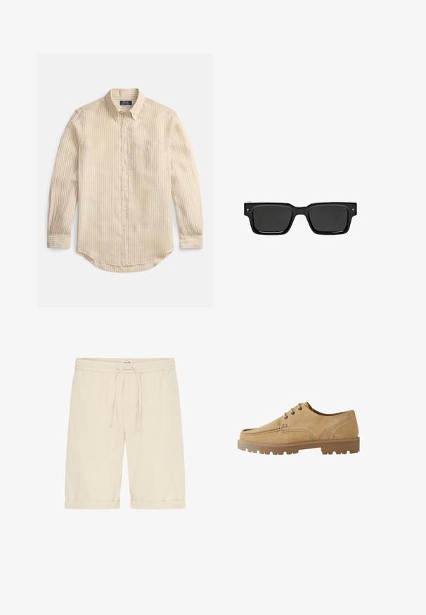 Beige langærmet skjorte med hvide lodrette striber, knaplukning, knaplukket krave, brystlomme og "Polo Ralph Lauren" label inde i kraven.; Beige bomuldsshorts med elastisk talje og snøre. Opkrøllede kanter og en glat tekstur med minimalistiske designdetaljer.; Tan ruskinds snørebåndssko med rund tå, kontrastsytrå, og en tyk gummisål med en mønster, der giver godt greb.; Sorte rektangulære solbriller med mørke linser, blank plastic ramme og små signaturdetaljer på stænger. Flad profil og skarpe hjørner.