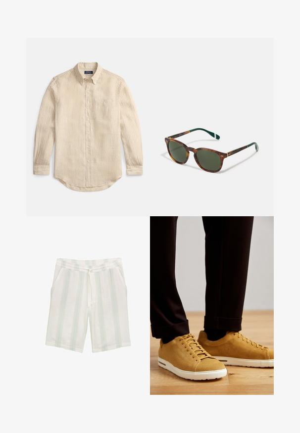 Chemise beige à manches longues avec rayures verticales blanches, col boutonné, poche sur la poitrine et étiquette "Polo Ralph Lauren" à l'intérieur du col.; Shorts blancs en tissu léger avec des rayures verticales bleu clair et vert, dotés d'une taille élastique et de poches latérales.; Baskets jaunes à côtes avec semelles blanches, dotées d'un bout rond, d'un design lacé et d'une surface texturée, portées avec un pantalon noir retroussé sur un sol en bois.; Lunettes de soleil en écaille de tortue avec des verres verts, forme arrondie, accents dorés et branches vertes foncées avec une rayure blanche.