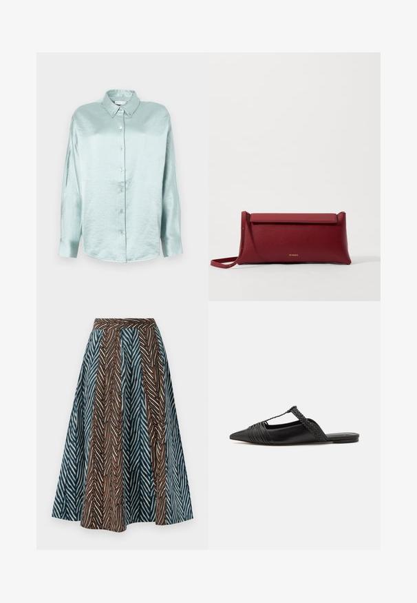 Lysblå skjorte med knapper lavet af et skinnende, blødt stof; har krave, lange ærmer og rundet nederkant med en afslappet pasform.; Brun og blå midi nederdel med zigzag mønster, plisseret design og en tætsiddende talje. Fremstillet af letvægtsstof.; Sort læderslyngeback sko med spids tå, der har en vævet detalje og en plisseret overdel. Flad sål med minimal hardware.; Rød læder clutchtaske med tekstureret overflade, der har et fladt fold-over top og en kort rem. Diskret logo på fronten.