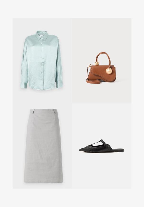 Camicia azzurra chiara con bottoni realizzata in un tessuto lucido e morbido; presenta un colletto, maniche lunghe e un orlo arrotondato con una vestibilità comoda.; Gonna grigia a matita con una texture liscia, forma aderente e una vita piatta, caratterizzata da cuciture laterali e senza motivi o dettagli visibili.; Scarpa slingback in pelle nera con punta appuntita, con un dettaglio intrecciato e un design superiore plissettato. Suola piatta con hardware minimale.; Borsa a mano in pelle marrone con un design ondulato, caratterizzata da due dettagli circolari dorati e una tracolla removibile per un trasporto versatile.