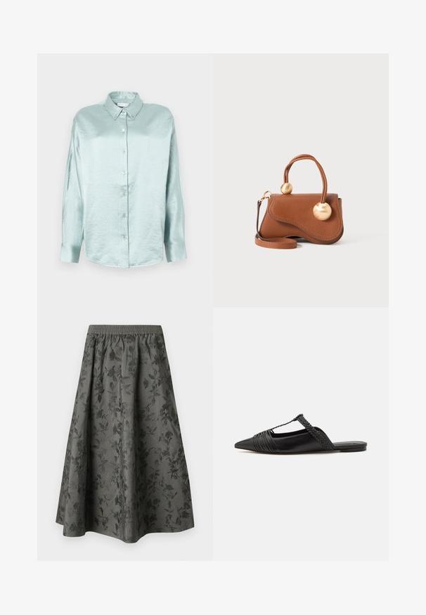 Light blue button-up shirt made of a shiny, soft fabric; features a collar, long sleeves, and rounded hem with a relaxed fit.; Dark gray midi skirt with an elastic waistband, featuring an embossed floral pattern throughout for added texture and visual interest.; Black leather slingback shoe with a pointed toe, featuring a woven accent and pleated upper design. Flat sole with minimal hardware.; Brown leather handbag with a wavy design, featuring two circular gold accents and a detachable shoulder strap for versatile carrying.