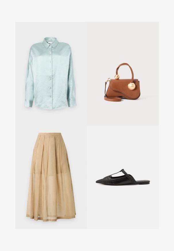 Lysblå skjorte med knapper lavet af et skinnende, blødt stof; har krave, lange ærmer og rundet nederkant med en afslappet pasform.; Beige midi-nederdel med plisséer, lavet af letvægtsstof. Gennemsigtig overlay med en fast kant, der giver en flydende silhuet.; Sort læderslyngeback sko med spids tå, der har en vævet detalje og en plisseret overdel. Flad sål med minimal hardware.; Brun læderhåndtaske med et bølget design, der har to cirkulære guldaccenter og en aftagelig skulderrem til alsidig bæremulighed.