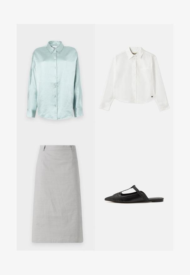 Šviesiai mėlyna marškinėlių striukė, pagaminta iš blizgaus, minkšto audinio; turi apykaklę, ilgomis rankovėmis ir suapvalintais kraštais, atrodo laisvai.; Baltas trumpas ilgos rankovės marškinėliai, pagaminti iš medvilnės. Turintys sagų priekį, krūtinės kišenę ir mažą juodą logotipą apačioje kairėje pusėje.; Pilka pieštuko sijonas su lygiu paviršiumi, priderinta forma ir plokščiu juosmeniu, turintis šoninius siūlus ir be matomų raštų ar akcentų.; Juodos odinės slingback bateliai su smailiu pirštu, turintys audinį akcentą ir raukšlėtą viršutinį dizainą. Lygus padas su minimaliais aksesuarais.