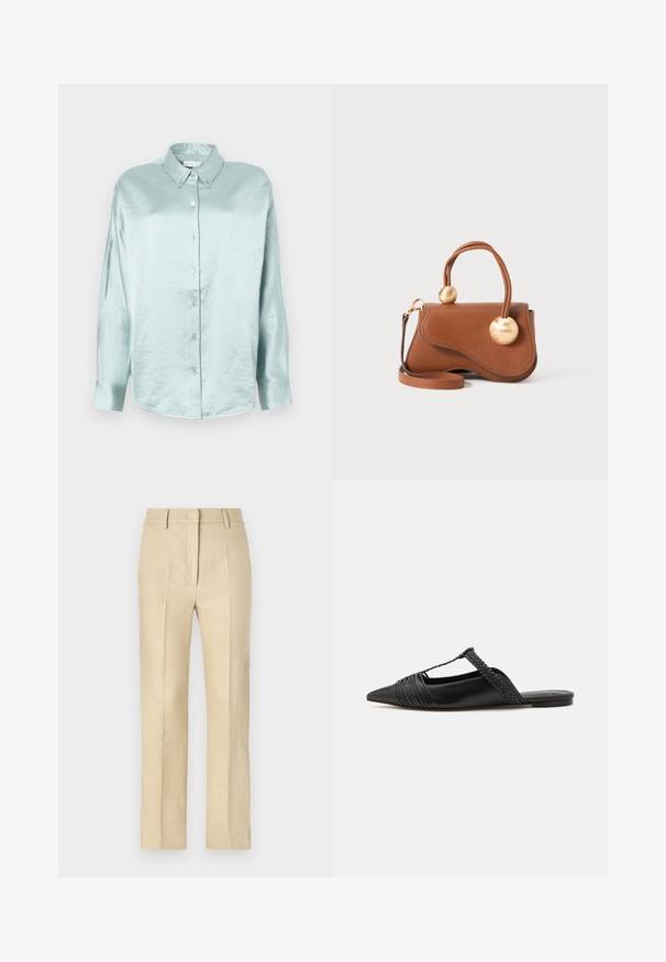 Lichtblauwe overhemdd die gemaakt is van een glanzende, zachte stof; heeft een kraag, lange mouwen en een afgeronde zoom met een ontspannen pasvorm.; Beige op maat gemaakte broeken met een rechte pijp, gemaakt van textiel met structuur, voorzien van plooilijnen en een ritssluiting aan de voorkant.; Zwarte leren slingback schoen met een puntige neus, voorzien van een gevlochten accent en geplooid ontwerp aan de bovenkant. Platte zool met minimale hardware.; Bruine leren handtas met een golvende uitstraling, voorzien van twee ronde gouden accenten en een afneembare schouderriem voor veelzijdig dragen.