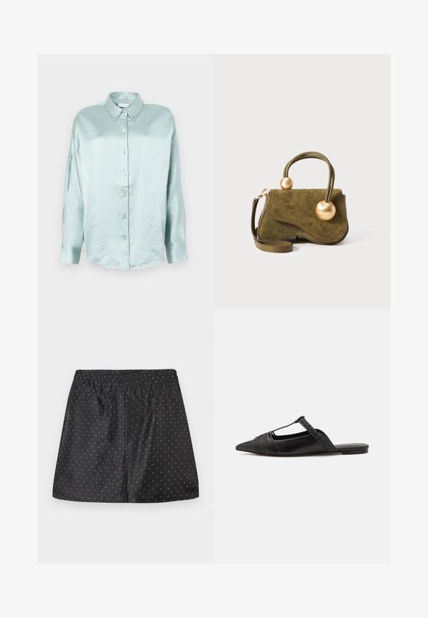 Gaiši zils krekliņš ar pogām, izgatavots no spīdīga, mīksta auduma; tam ir apkakle, garas piedurknes un noapaļots apakšmalas gals ar brīvu piegriezumu.; Melnas šorti ar elastīgu jostiņu, uz tiem ir balti punktu raksti. Izgatavoti no gluda auduma ar brīvu dizainu.; Melnas ādas slingback kurpes ar norādītu purngali, kurām ir austoša akcenta un krokota augšdaļa. Plakana zole ar minimālu aparatūru.; Olīvu zaļas zamša rokassoma ar viļņainu dizainu, divām noapaļotām misiņa akcentiem, īsu savītu rokturi un noņemamu plecu siksnu.