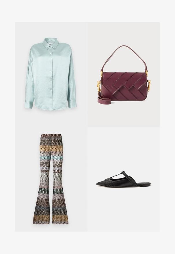 Cămașă albastru deschis, cu butoane, confecționată dintr-un material lucios și moale; are guler, mâneci lungi și tiv rotunjit, cu o croială confortabilă.; Pantaloni tricotati evazați cu dungi orizontale multicolore în tonuri pământii, inclusiv muștar, teal, maro, negru, roz și gri.; Pantofii din piele neagră cu curea la spate au vârful ascuțit, prezentând un accent țesut și un design superior pliat. Talpa joasă cu hardware minim.; Geantă crossbody din piele burgundy cu un model împletit, accente metalice aurii, curea ajustabilă și închidere cu clapetă.