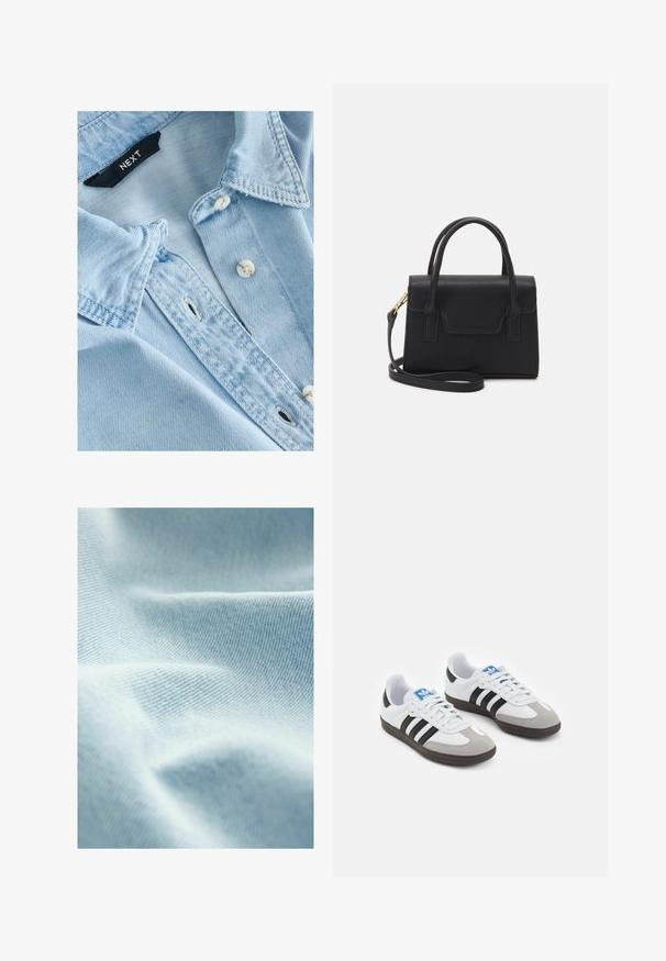 Lichtblauwen denim overhemd met een zachte textuur, geknoopte kraag, witte knopen en zichtbare stiksels. Next merklabel binnenin de kraag.; Lichtblauwe stof met een gladde textuur en fijne diagonale weving, met zachte plooien en subtiele variaties in tint.; Sportschoenen met een witte leren bovenkant, grijze suède neus en drie zwarte strepen. Bevat een blauw logo op de tong en een gestructureerde rubberen zool.; Zwarte gestructureerde handtas van leer met een bovenhandvat, een afneembare schouderriem en een voorflapdetail. Gouden hardwareaccenten.