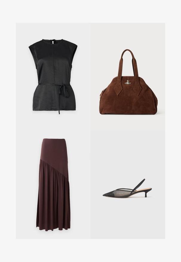 Sort ærmeløs top med høj halsudskæring, struktureret stof, en bindebælte i taljen og en nøglehulldetalje i ryggen.; Brun maxi nederdel lavet af blødt stof. Har en tætsiddende talje og et asymmetrisk design med rynkede detaljer på den ene side.; NEOUS IRENA - Pumps - black; Brun suede håndtaske med en struktureret form, rund krop og forlængede diamantformede håndtag. Har en hardwarelukning i sølv.