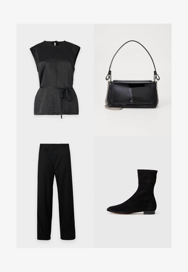 Juodas be rankovių topas su aukštu kaklu, tekstūruota medžiaga, juosmens raištis ir raktų skylutės detalė ant nugaros.; Juodos juostelės plačios kelnės su unikaliu sulankstytu dizainu liemens srityje ir lygiu paviršiumi. Pasižymi pritaikytu meistriškumu ir šiuolaikiniais detalėmis.; Juoda zomšo kulkšnė su prigludusia ašimi, smailiu pirštu ir žemu bloku. Lygus paviršius ir minimalistiškas dizainas, tinkantis įvairiems stiliams.; Juodas lakinės odos rankinės ilgis stačiakampis, su grandinėlės dirželiu ir išskirtiniu metaliniu akcentu centre. Lygus paviršius.